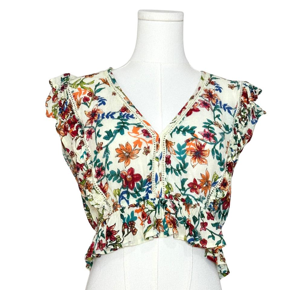 Raga Women's Floral V Neck Cropped Short Sleeve Ruffle Top Small
